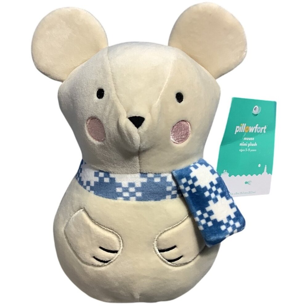 Pillowfort Mouse Plush Toy With Blue Scarf Beige Stuffed Animal